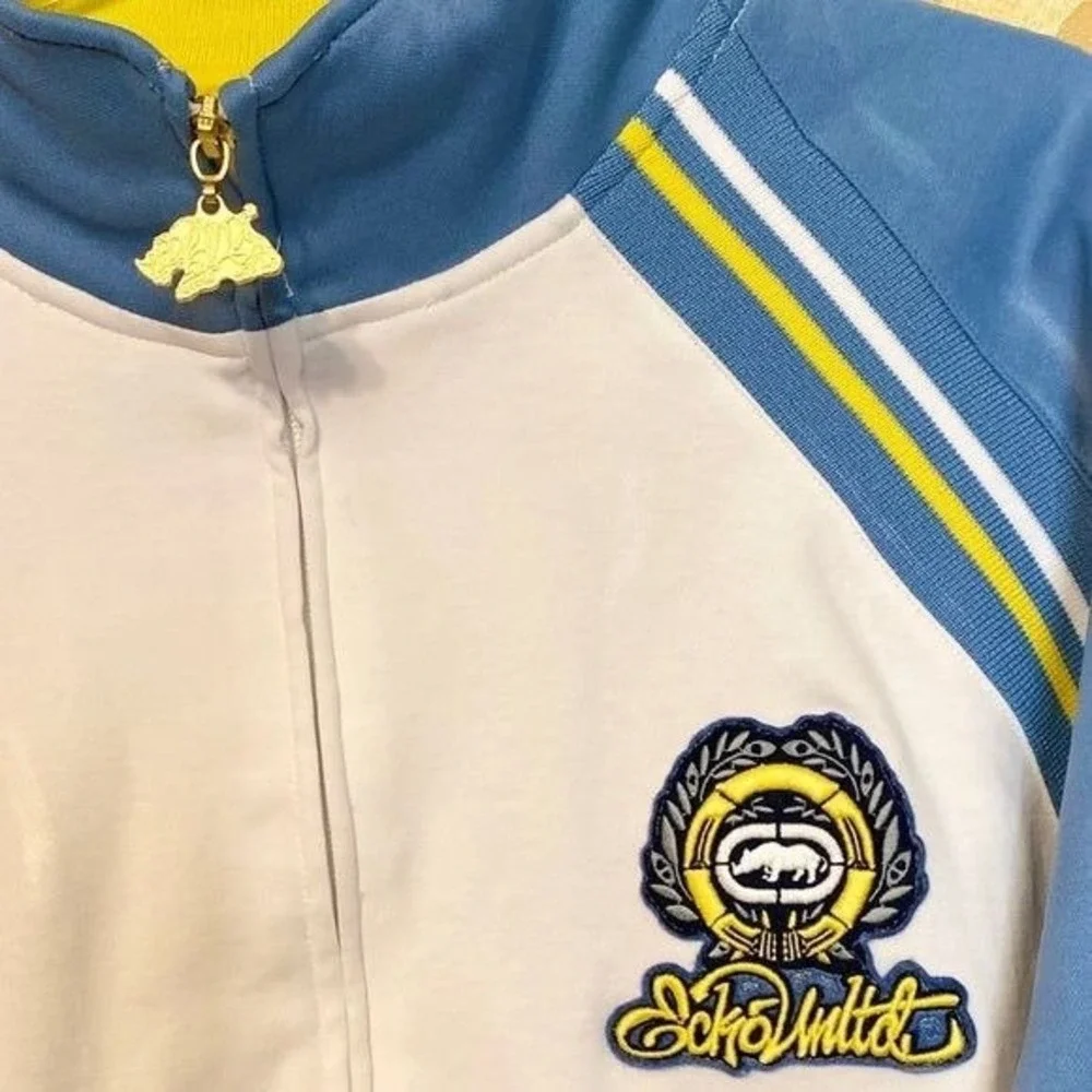 Ecko Unltd rhino big logo blue dragons gold tone logo charm varsity jacket XL‎